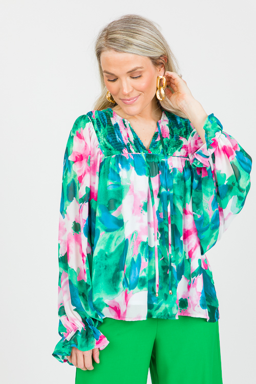 Watercolor Blooms Blouse, Green