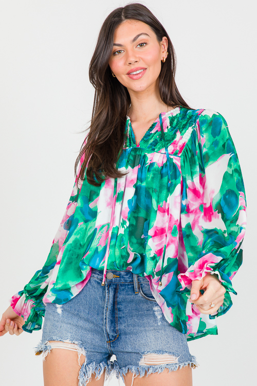 Watercolor Blooms Blouse, Green