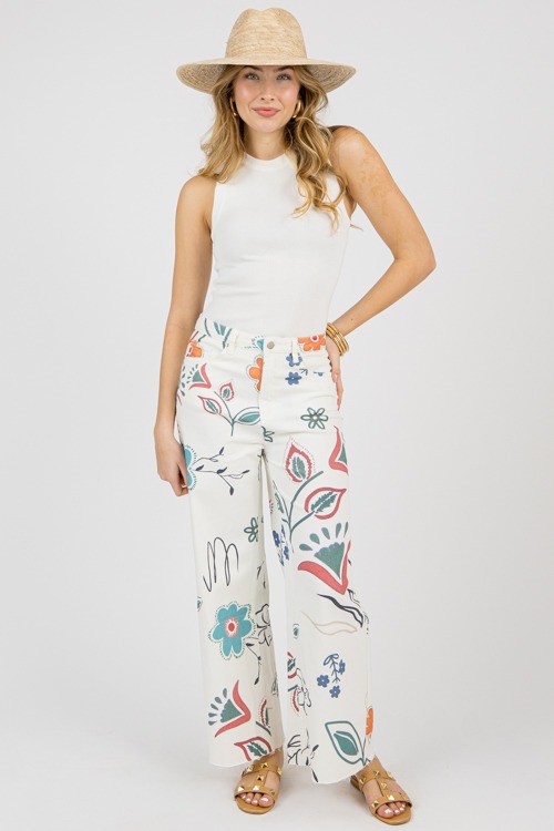 Flower Print Twill Pants, White - 0204-78.jpg