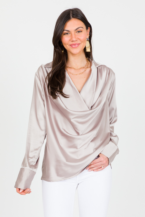 Satin Cowl Neck Blouse, Silver