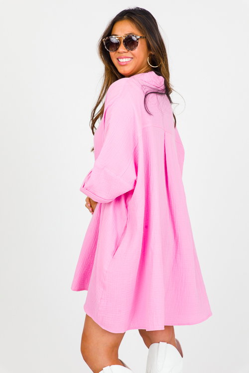 Oversize Gauze Shirt, Pink - Dresses - The Blue Door Boutique Oversize Gauze Shirt, Pink - Dresses - The Blue Door Boutique