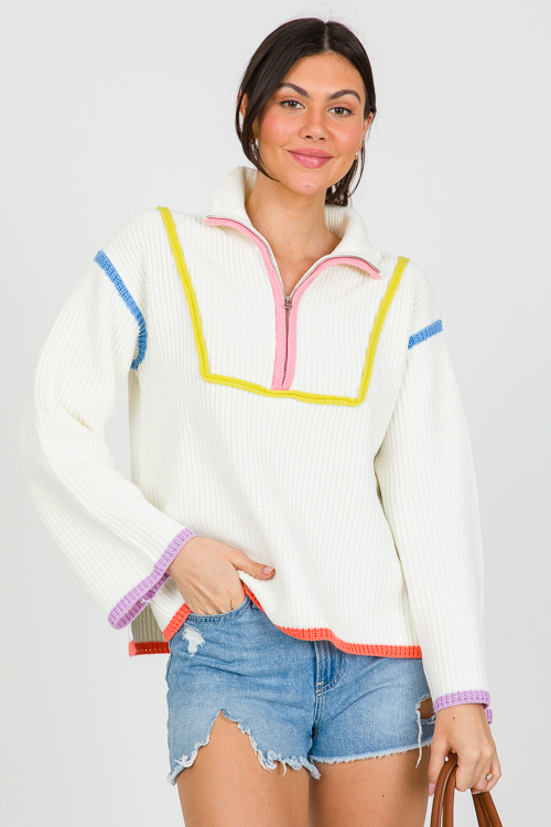 Colorblock Trim Zip Sweater, White