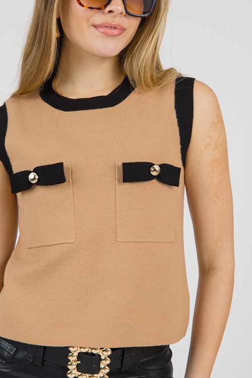 Contrast Trim Pocket Tank, Tan/Black