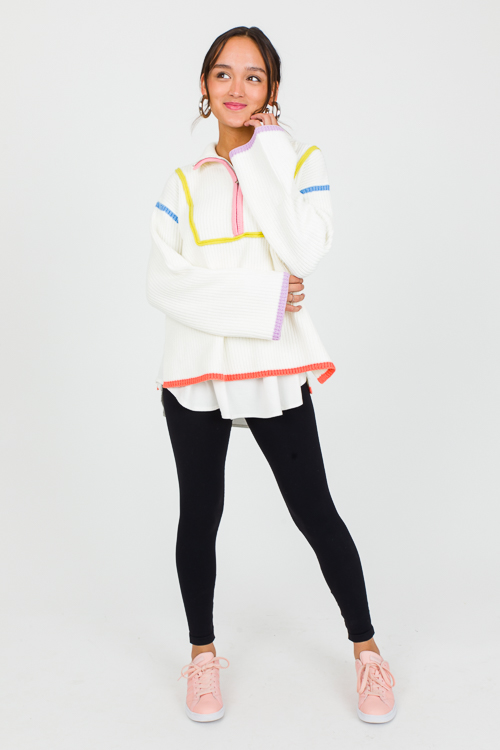 Colorblock Trim Zip Sweater, White