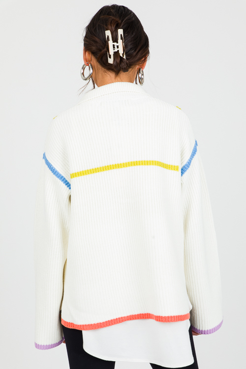 Colorblock Trim Zip Sweater, White