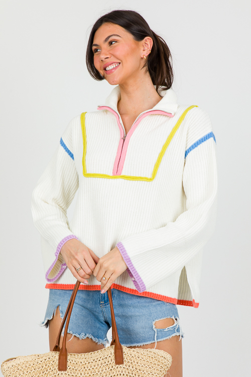 Colorblock Trim Zip Sweater, White