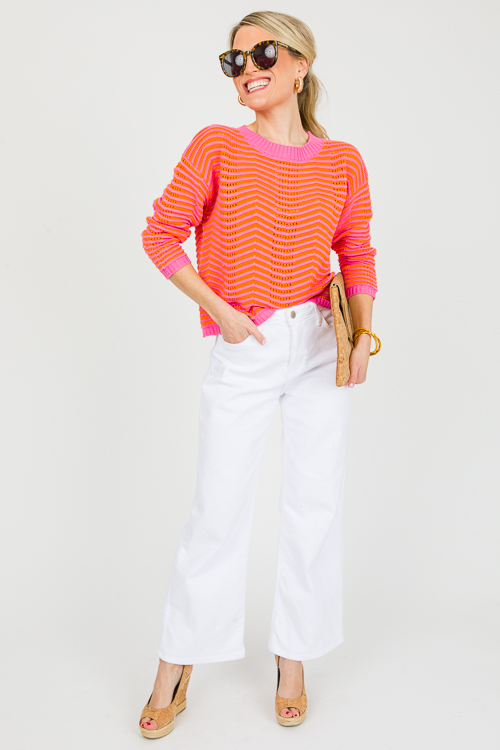 Pointelle Stripe Sweater, Orange/Pink