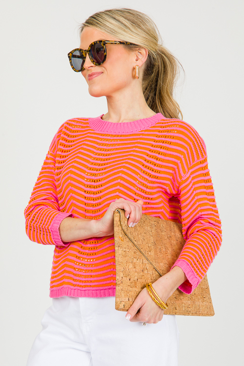Pointelle Stripe Sweater, Orange/Pink