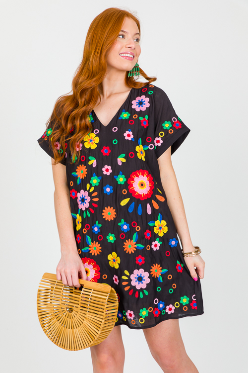 Embroidery Flowers Dress, Black