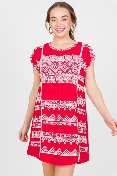 Brave Face Embroidery Dress, Tomato