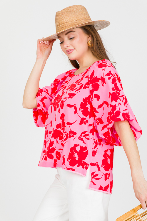 Puff Sleeve Floral Blouse, Rose