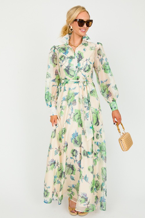 Floral Belted Maxi, Green Blue