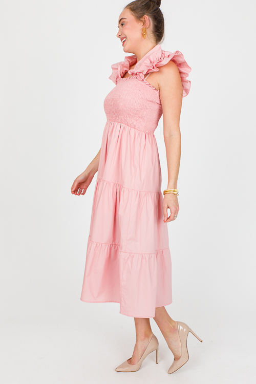 Ruffle Strap Smock Midi, Pink