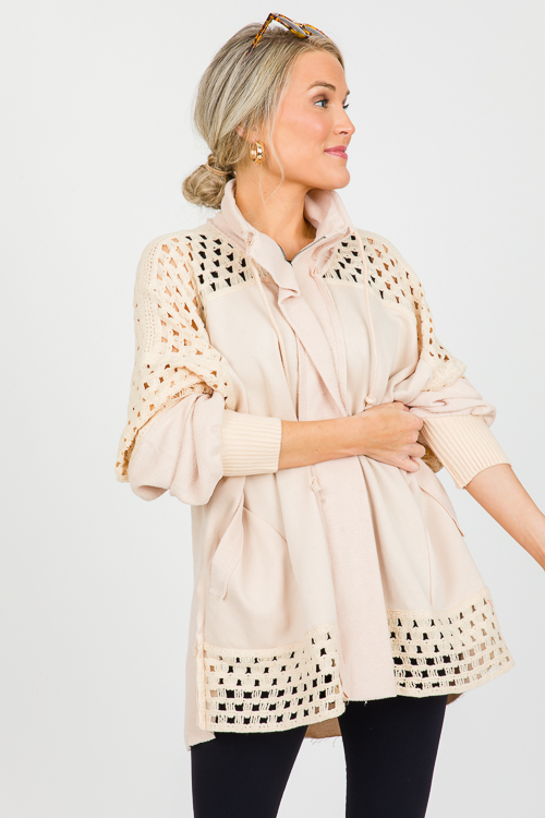 Crochet Panels Zip Jacket, Beig