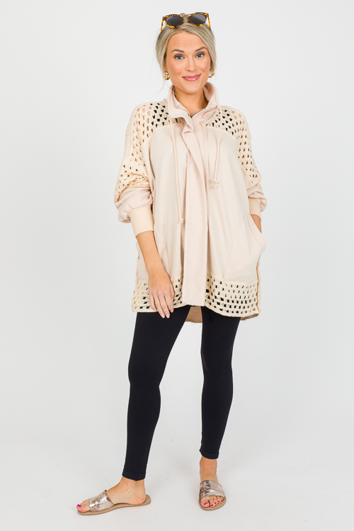 Crochet Panels Zip Jacket, Beig