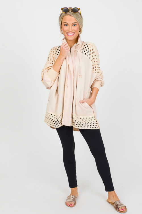 Crochet Panels Zip Jacket, Beig