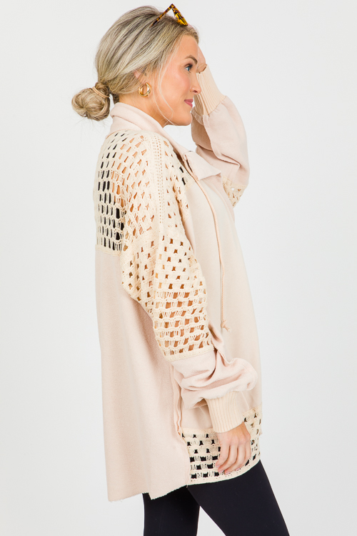 Crochet Panels Zip Jacket, Beig