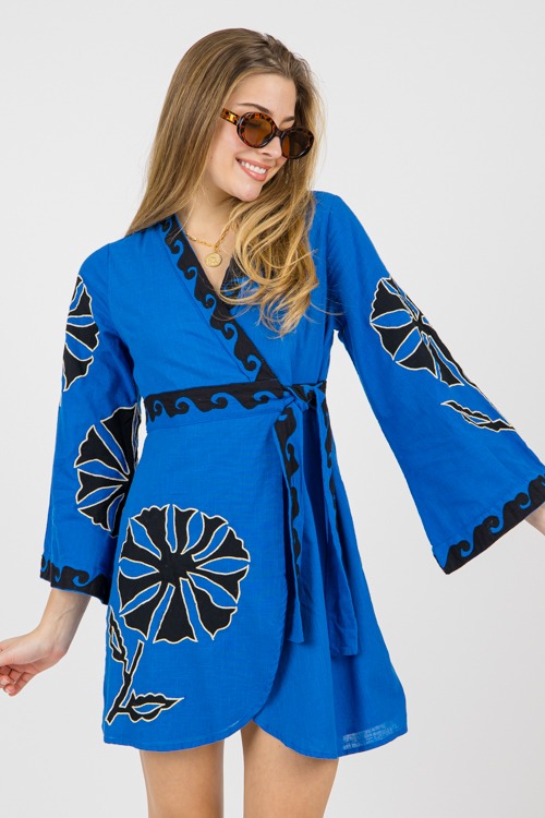 Embroidery Wrap Dress, Blue