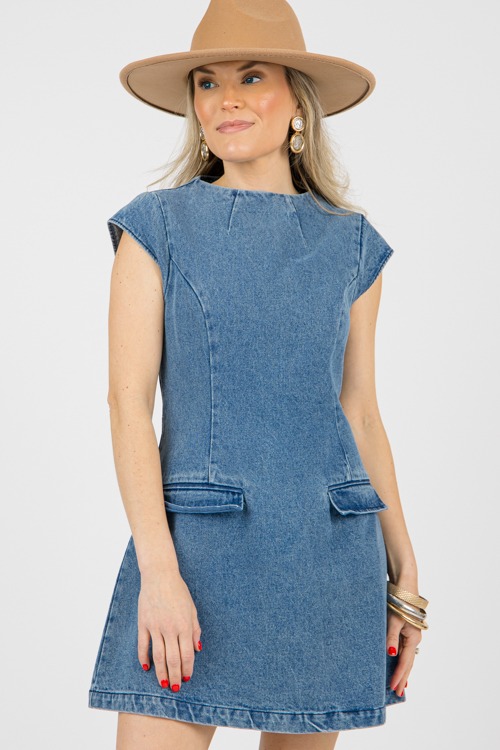 Cap Sleeve Pocket Dress, Denim