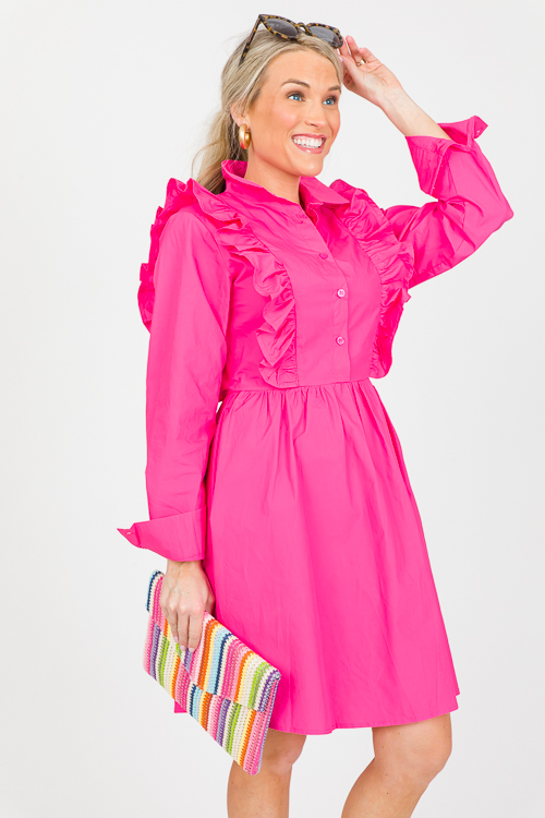 Sweet Ruffle Belted Dress, Hot Pink