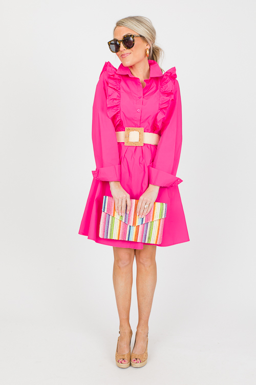 Sweet Ruffle Belted Dress, Hot Pink