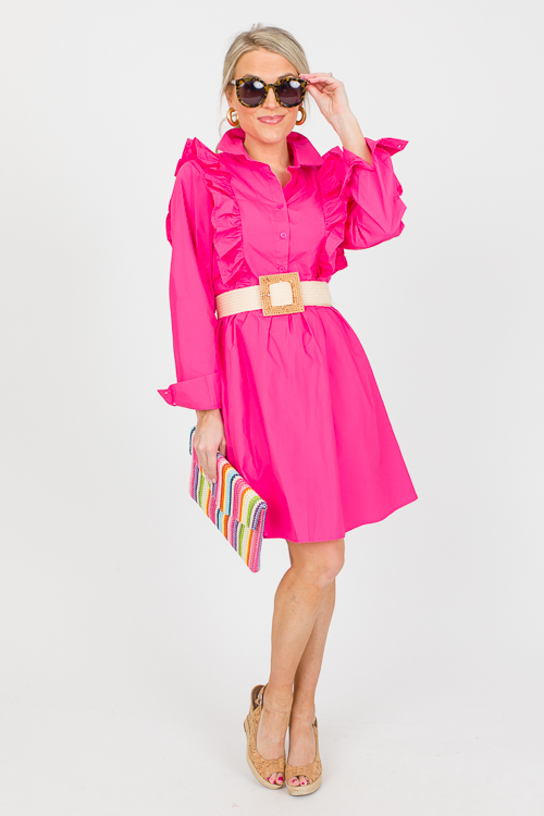 Sweet Ruffle Belted Dress, Hot Pink