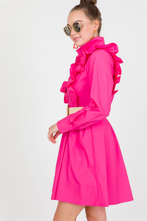 Sweet Ruffle Belted Dress, Hot Pink