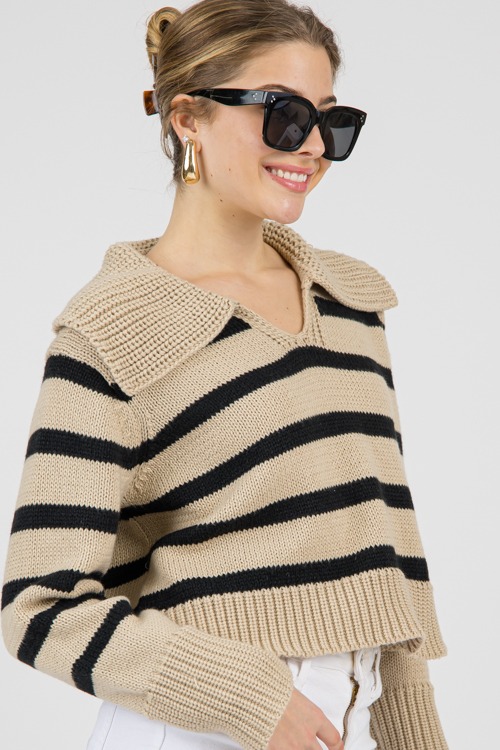 Collared Stripe Sweater, Beige