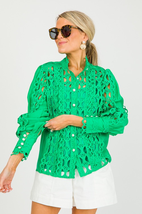 Pearl Button Crochet Top, Green