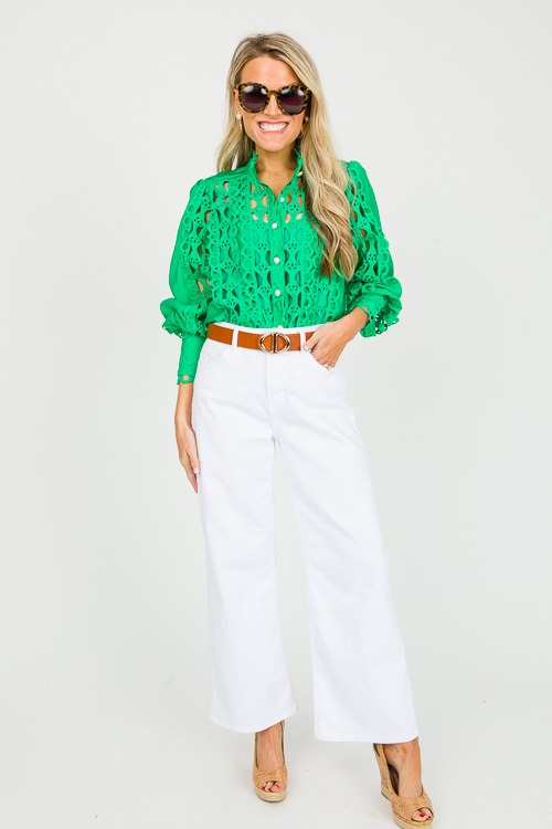 Pearl Button Crochet Top, Green - New Arrivals - The Blue Door Boutique