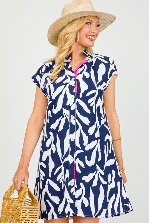 Abstract Print Button Dress, Navy