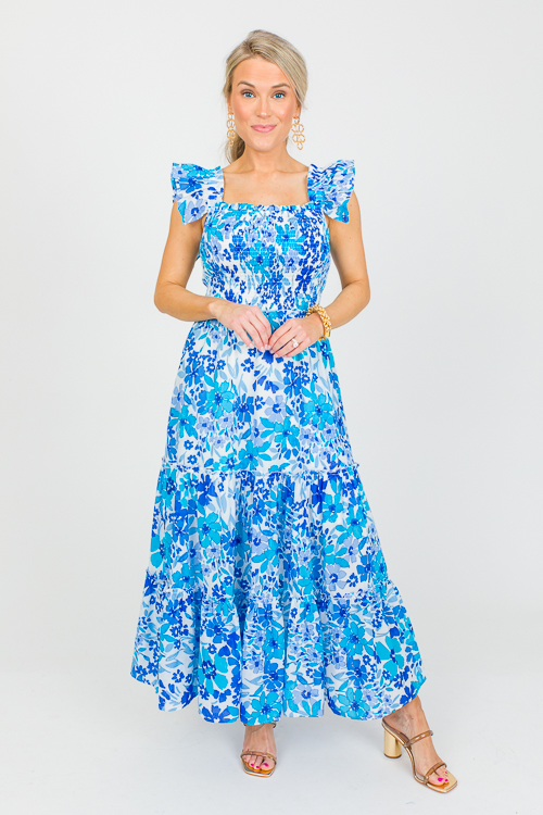 Smocked Bodice Floral Maxi, Blue