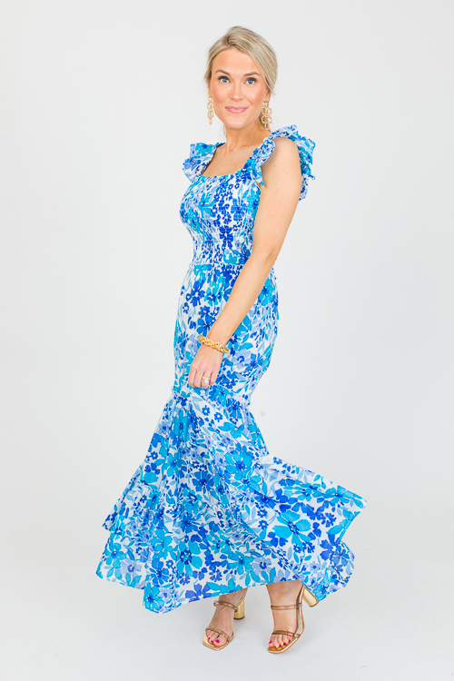 Smocked Bodice Floral Maxi, Blue