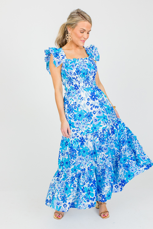 Smocked Bodice Floral Maxi, Blue