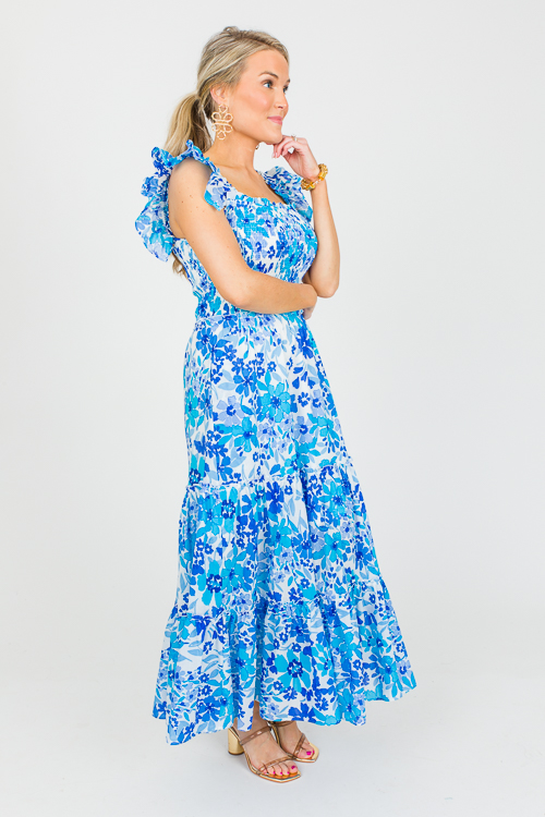 Smocked Bodice Floral Maxi, Blue