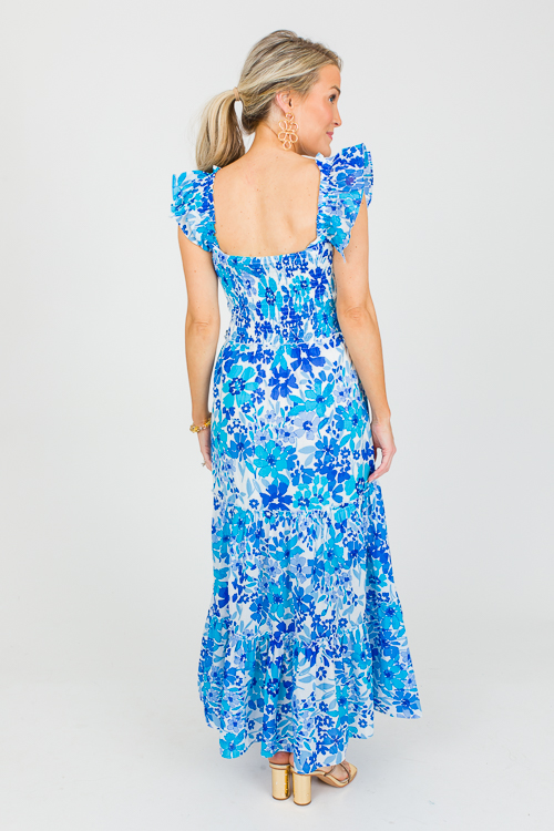 Smocked Bodice Floral Maxi, Blue