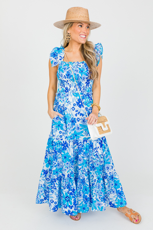 Smocked Bodice Floral Maxi, Blue