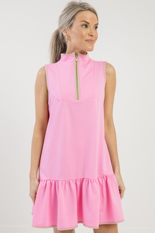 Stripe Trim Zip Dress, Bubble Pink