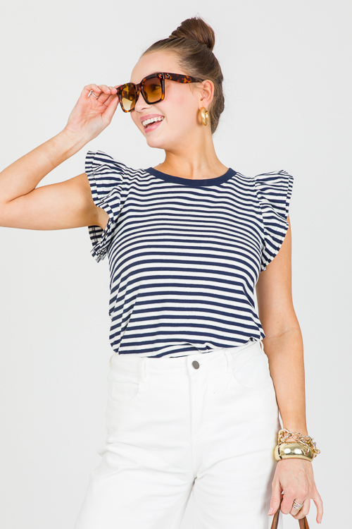 Navy Stripe Ruffle Top