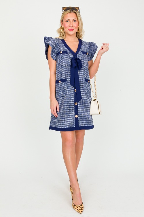 Tweed Bow Button Dress, Navy