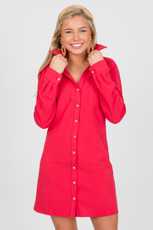 Linen Tab Sleeve Dress, Red