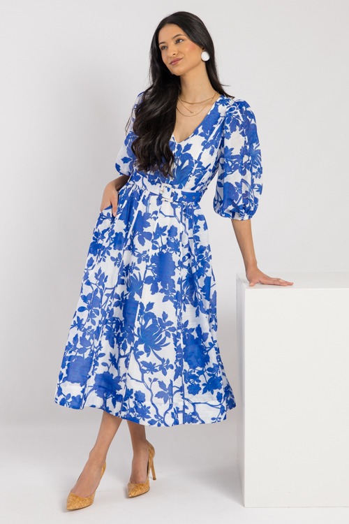 Vivian Belted Midi, Blue Floral