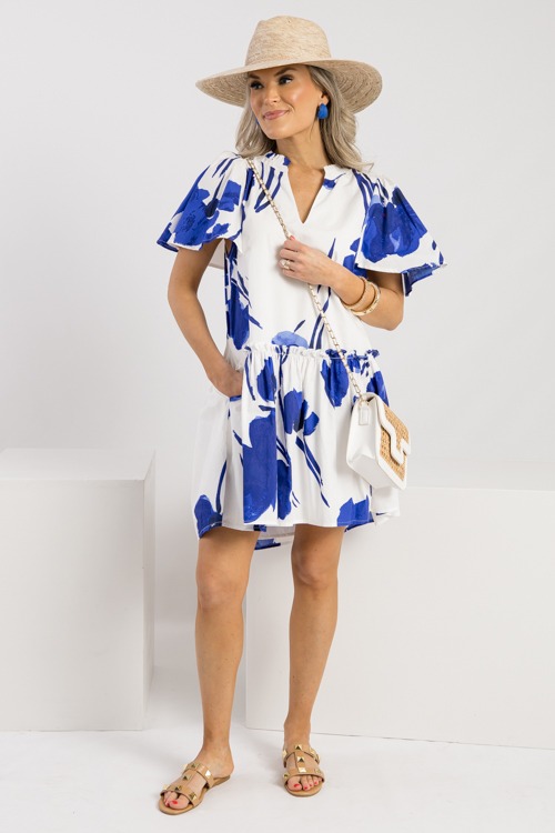 Neli Floral Dress, White Cobalt