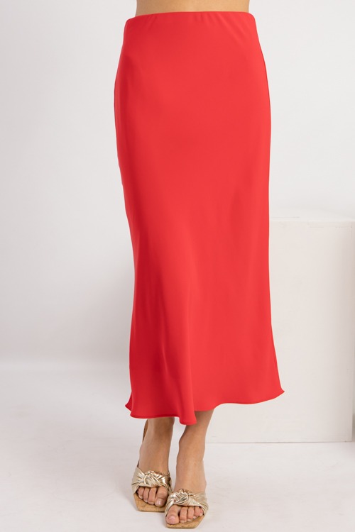 Pull-On Bias Midi Skirt, Red