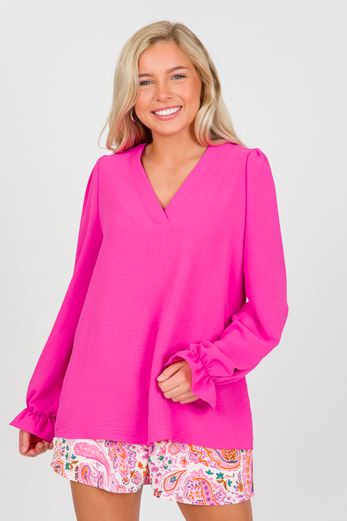 Ruffle Wrist Solid Blouse, Hot Pink