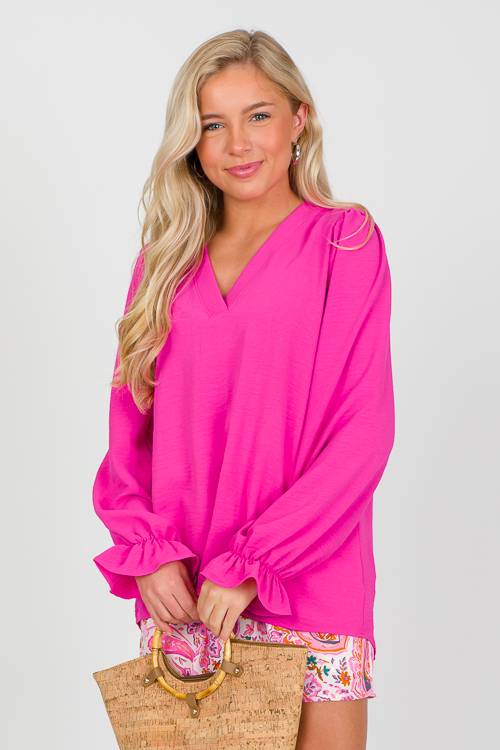 Ruffle Wrist Solid Blouse, Hot Pink