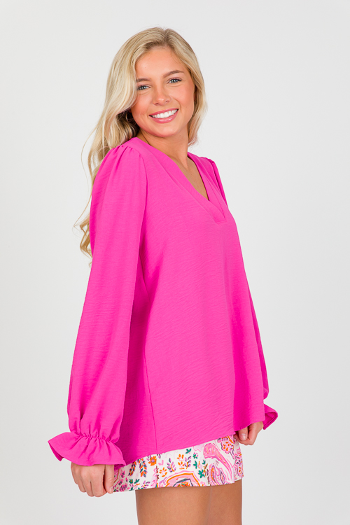 Ruffle Wrist Solid Blouse, Hot Pink