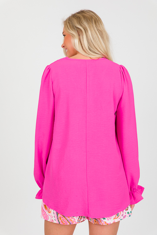 Ruffle Wrist Solid Blouse, Hot Pink