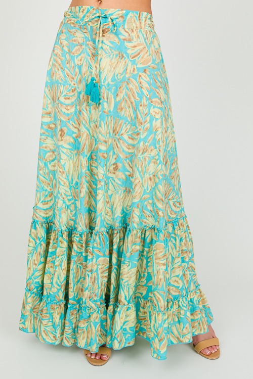 Foil Palm Maxi Skirt, Turquoise