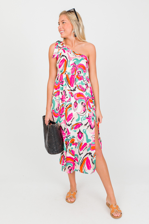 One Shoulder Print Midi, Fuchsia